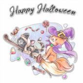 Sticker Joyeux chatons d'Halloween à cheval dans une chamb (Devant)