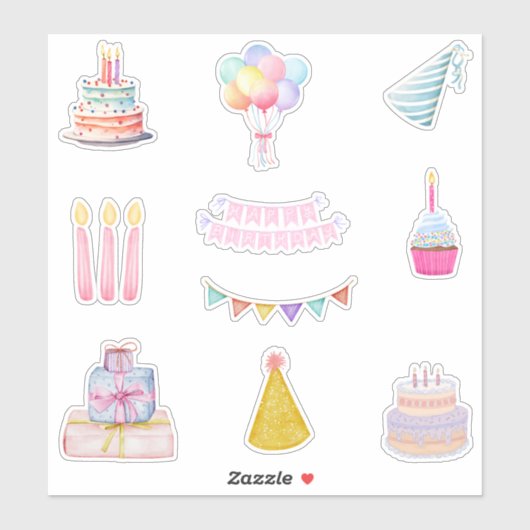 Sticker Joyeux gâteau d'anniversaire, ballons, bougies (Feuille)