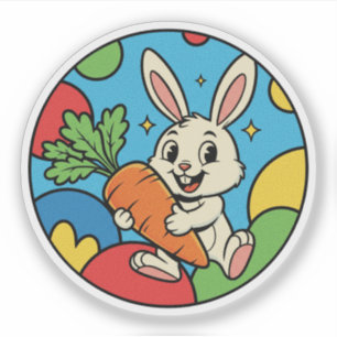 Sticker Joyeux lapin avec carotte géante - Fun de ferme co