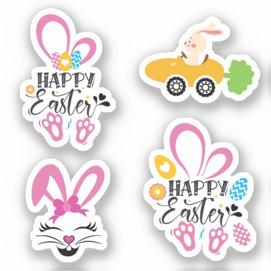 Sticker Joyeux Lapin De Pâques Cute Avec Oeufs Collection  (Recto)