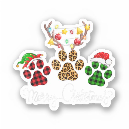 Sticker Joyeux Noël Chien Paws Lumières Buffalo Plaid & Le (Devant)