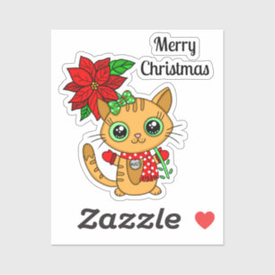 Sticker Joyeux Noël Orange Chat avec Poinsettia