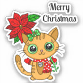 Sticker Joyeux Noël Orange Chat avec Poinsettia (Recto)