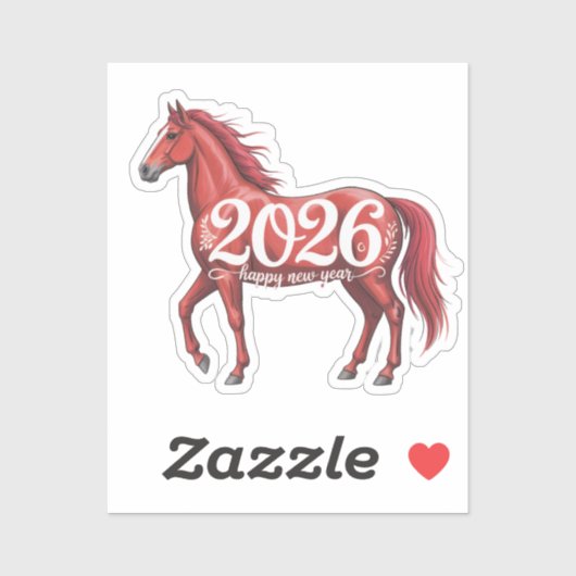 Sticker Joyeux Nouvel An 2026 Illustration du Cheval Rouge (Feuille)