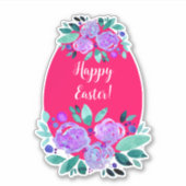 Sticker Joyeux oeuf rose fleuri à l'aquarelle de Pâques (Devant)
