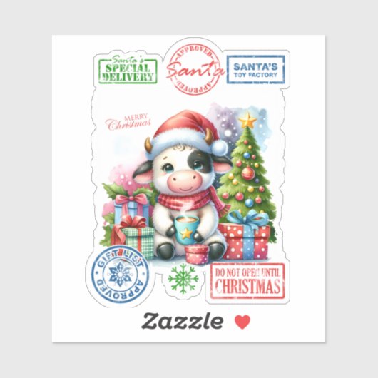 Sticker Joyful Christmas Cow With Gifts! (Feuille)