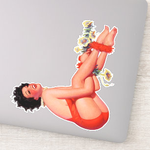 Sticker Jungle Bell Pin up Brunette en maillot de bain rou