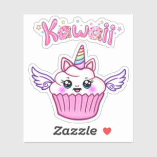 Sticker Kawaii Arc-en-ciel à ailes Unicorn Cupcake