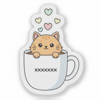 Sticker Kawaii Cat & Coffee Hearts Illustration