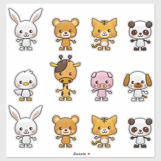 Sticker Kawaii Chat Rabbit Tiger Cochon Ours Canard Animau (Feuille)