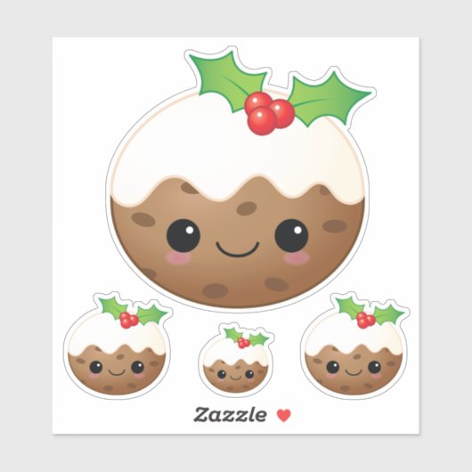 Sticker Kawaii Christmas Pudding mignon Caricature Jeu 4 (Feuille)