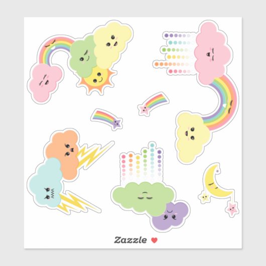 Sticker Kawaii Cute Nuds Sun Moon Rainbow Stars (Feuille)