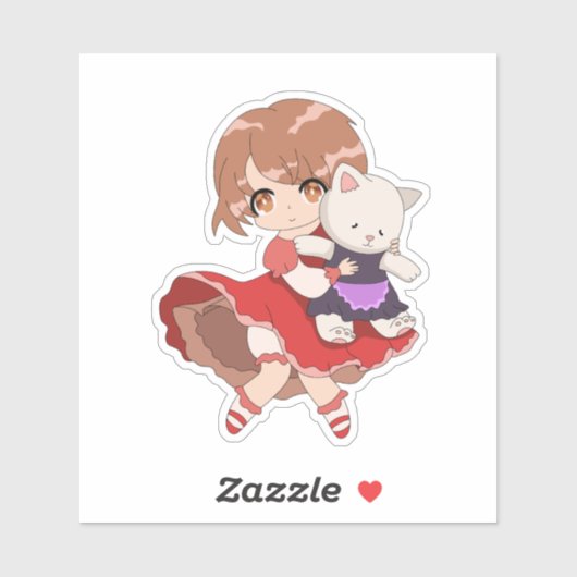 Sticker Kawaii fille avec Kitty Plush (Feuille)