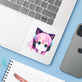 Sticker Kawaii Girl avec casque sur (Ordinateur portable avec iPhone)