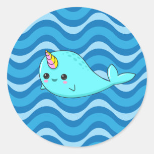 Sticker Kawaii Narwhal Blue Waves