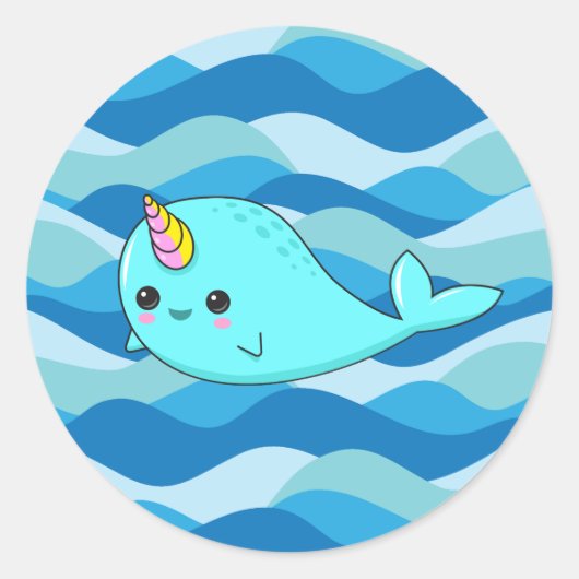 Sticker Kawaii Narwhal sur Blue Waves (Devant)