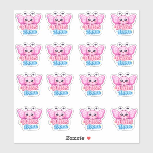 Sticker Kawaii Pink Butterfly Well Done Student Reward  (Feuille)