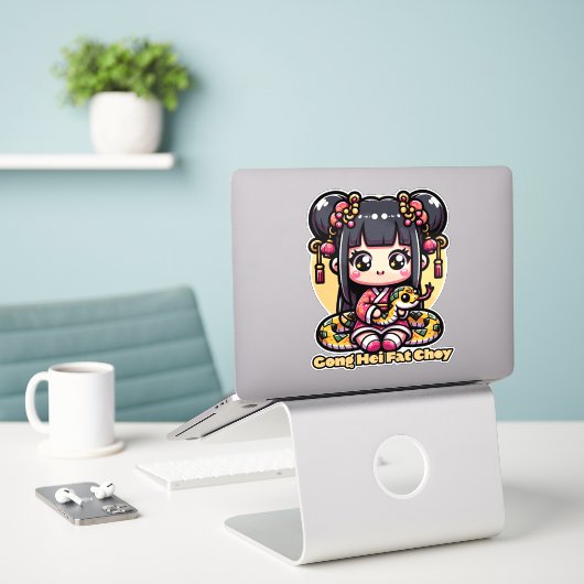 Sticker Kawaii Serpent et fille du Nouvel An chinois (Ordinateur portable sur le bureau)