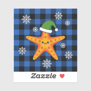 Sticker Kawaii Xmas Starfish sur Blue Buffalo Motif