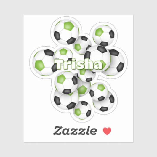Sticker kids name bright green black soccer balls (Feuille)