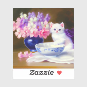 Sticker Kitten blanc vintage avec ruban violet