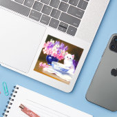 Sticker Kitten blanc vintage avec ruban violet (Ordinateur portable avec iPhone)