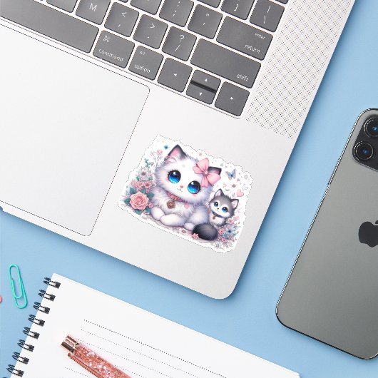 Sticker Kitten Cuteness Overload : Chat et chien aux yeux (Ordinateur portable avec iPhone)
