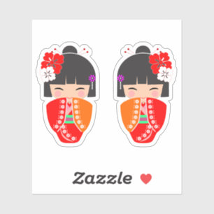 Sticker Kokeshi Doll Red Kimono