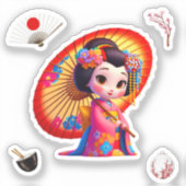 Sticker Kokeshi Doll rose et jaune avec Umblella (Recto)