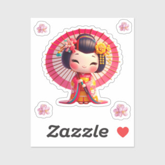 Sticker Kokeshi Doll rouge et jaune kimono avec parapluie
