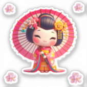 Sticker Kokeshi Doll rouge et jaune kimono avec parapluie (Recto)