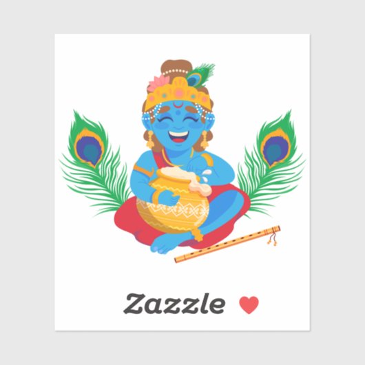 Sticker Krishna avec beurre pot plumes de paon (Feuille)