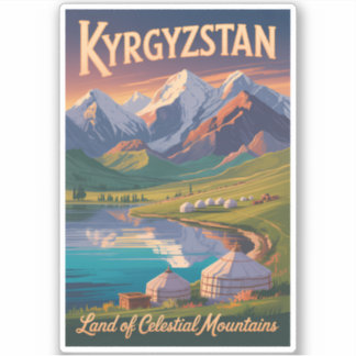 Sticker Kyrgyzstan Mountains Illustration Travel Art Vinta