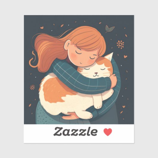 Sticker La fille embrasse le dessin animé de chat mignon. (Feuille)