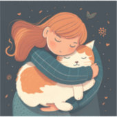 Sticker La fille embrasse le dessin animé de chat mignon. (Devant)