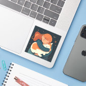 Sticker La fille embrasse le dessin animé de chat mignon. (Ordinateur portable avec iPhone)