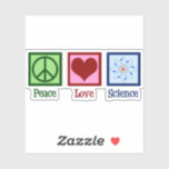 Sticker La science de l'amour pour la paix<br><div class="desc">autocollant cool pour un professeur de sciences,  un scientifique,  ou juste un geek qui aime apprendre comment le monde fonctionne. Cute Peace Love Science design avec un signe de paix,  le coeur et le modèle atome.</div>