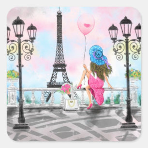 Sticker Lady avec Balloon Rose - I Love Paris