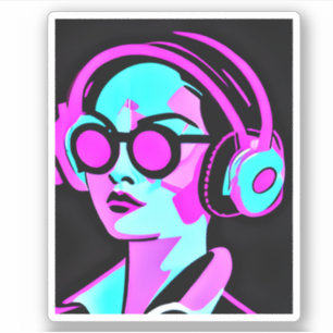 Sticker Lady in Headphones Jaming to Music