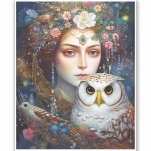 Sticker Lady With Owl Surreal Imaginaire Art (Devant)