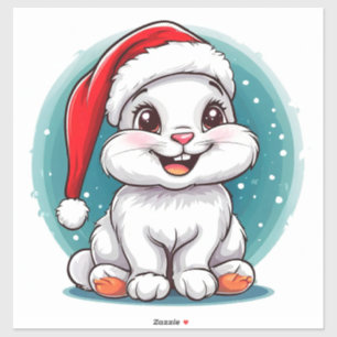 Sticker Lapin Blanc Adorable en Chapeau de Père Noël
