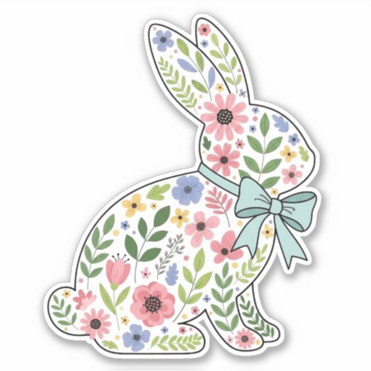 Sticker Lapin de Pâques aux fleurs sauvages roses et bleue (Devant)
