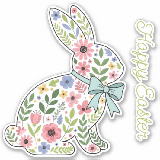 Sticker Lapin de Pâques aux fleurs sauvages roses et bleue (Devant)