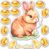 Sticker Lapin de Pâques Beige Doré & Oeufs D'Or (Devant)