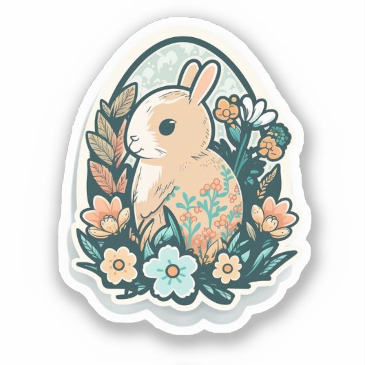 Sticker Lapin de Pâques et fleurs de printemps (Recto)