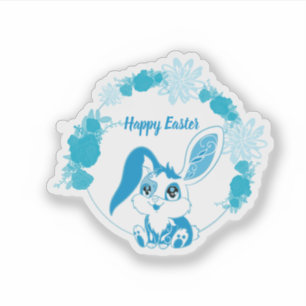 Sticker Lapin de Pâques heureux Kawaii bleu mignon