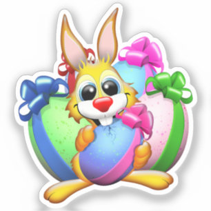 Sticker Lapin drôle mordant un œuf de Pâques