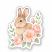 Sticker Lapin et Fleurs Roses Pâques (Recto)