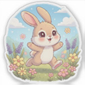 Sticker Lapin mignon sautant dans un champ de fleurs (Devant)
