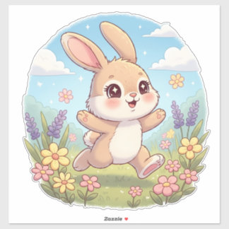 Sticker Lapin mignon sautant dans un champ de fleurs